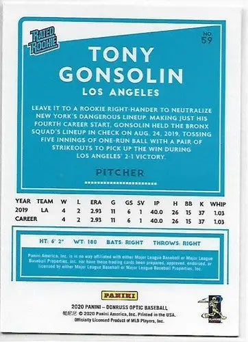 2020 Donruss Optic Tony Gonsolin baseball card with original gloss Dodgers ID 28561
