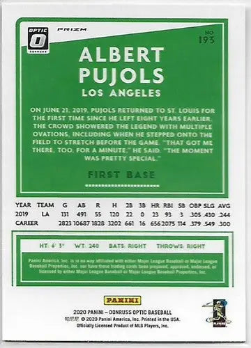 Back of 2020 Donruss Optic Lime Green Albert Pujols card with stats and personal info