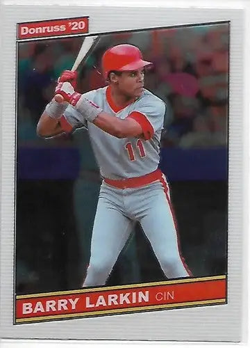 Baseball card featuring Barry Larkin in gray and red uniform from Donruss Optic Retro series