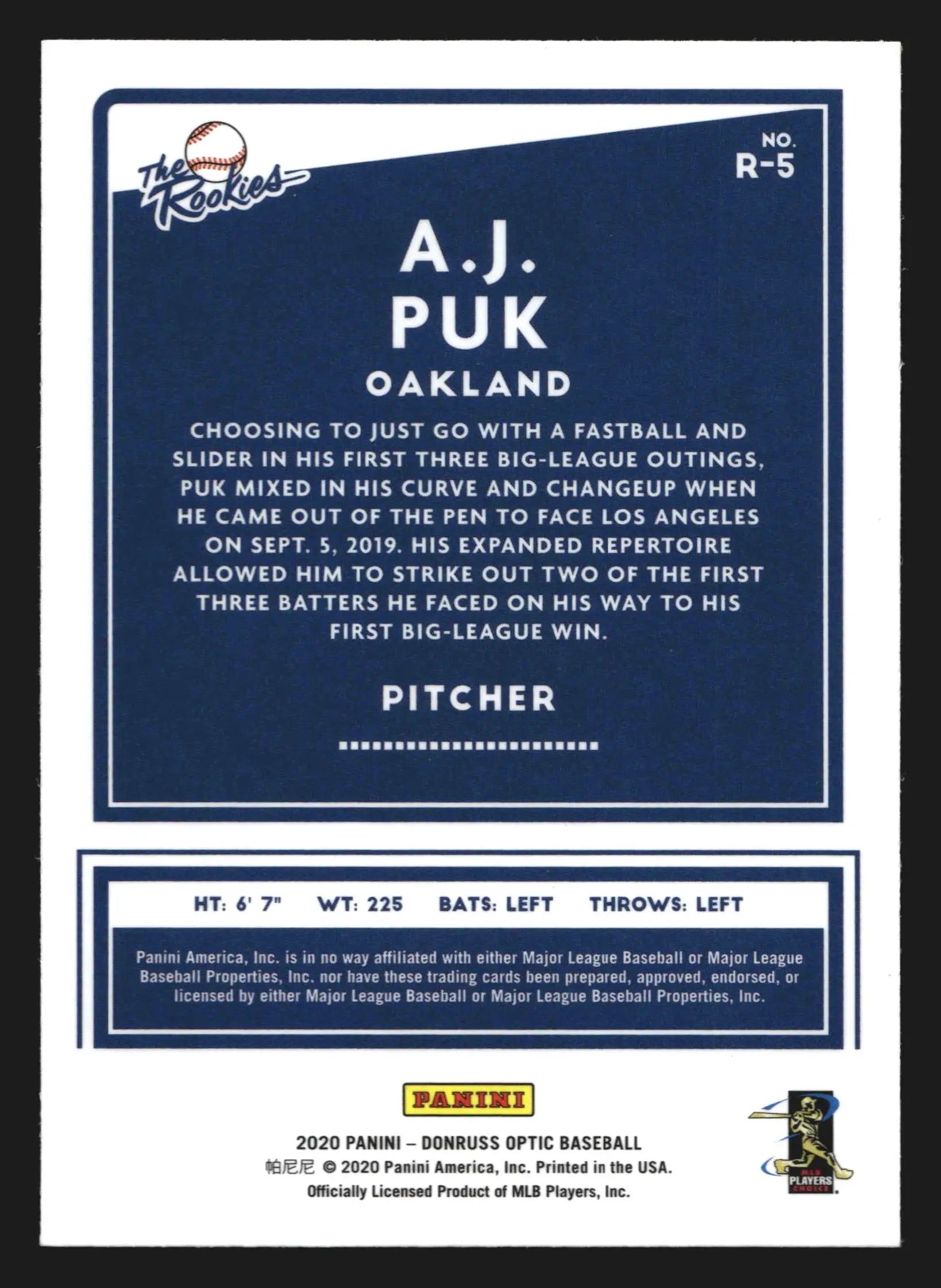 2020 Donruss Optic The Rookies #R-5 A.J. Puk Oakland Athletics - Baseball Card Single