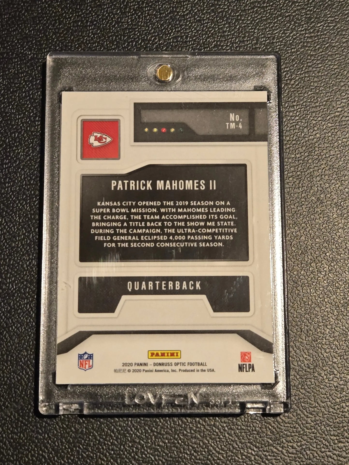 Patrick Mahomes 2020 Donruss Optic trading card in protective case for collectors