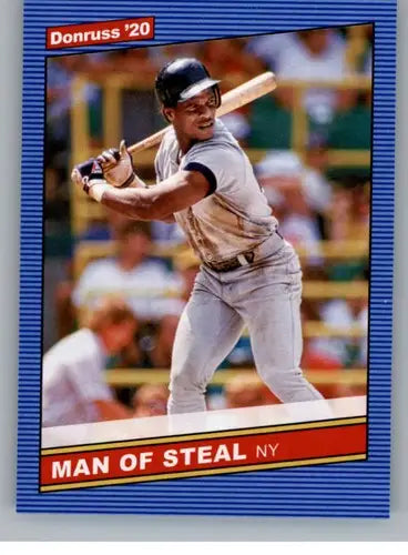 Baseball trading card featuring Rickey Henderson at bat from 2020 Donruss Retro series