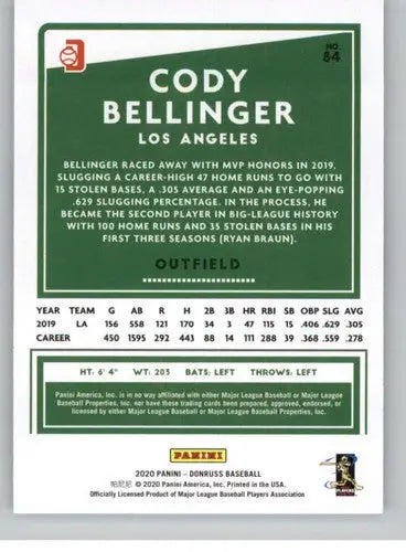 Back of a Cody Bellinger 2020 Donruss Variations baseball card with original gloss