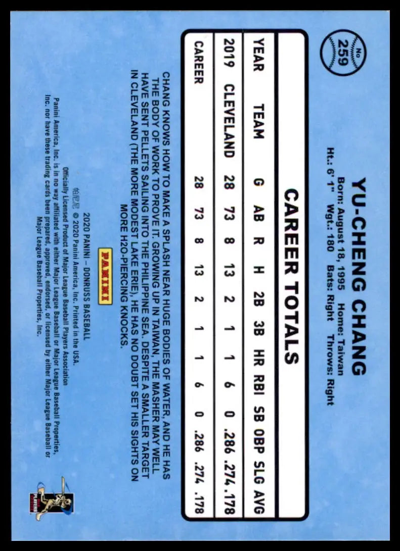 2020 Donruss Yu Chang RC 259 Cleveland Indians NM - Baseball Card Single