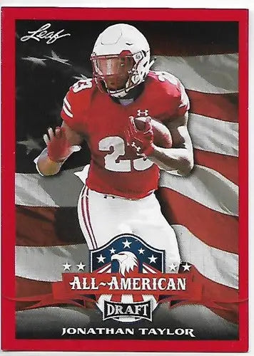 Jonathan Taylor football card from 2020 Leaf Draft Red series in near mint condition