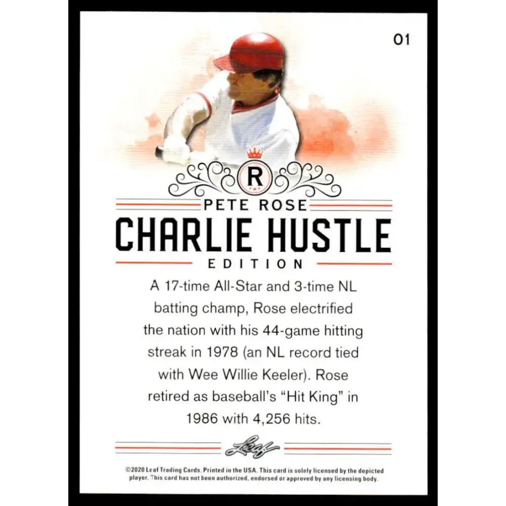 2020 Leaf Pete Rose Charlie Hustle #1 Pete Rose NM-MT Baseball Card - Baseball Card Single