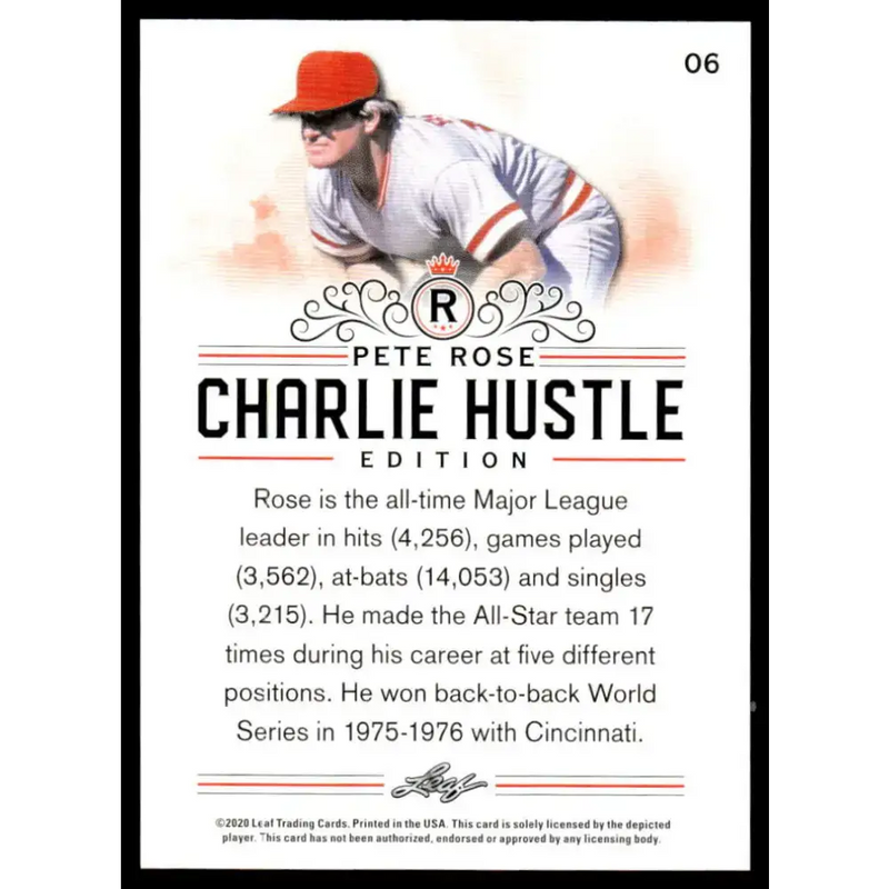2020 Leaf Pete Rose Charlie Hustle #6 Pete Rose NM-MT Baseball Card - Baseball Card Single