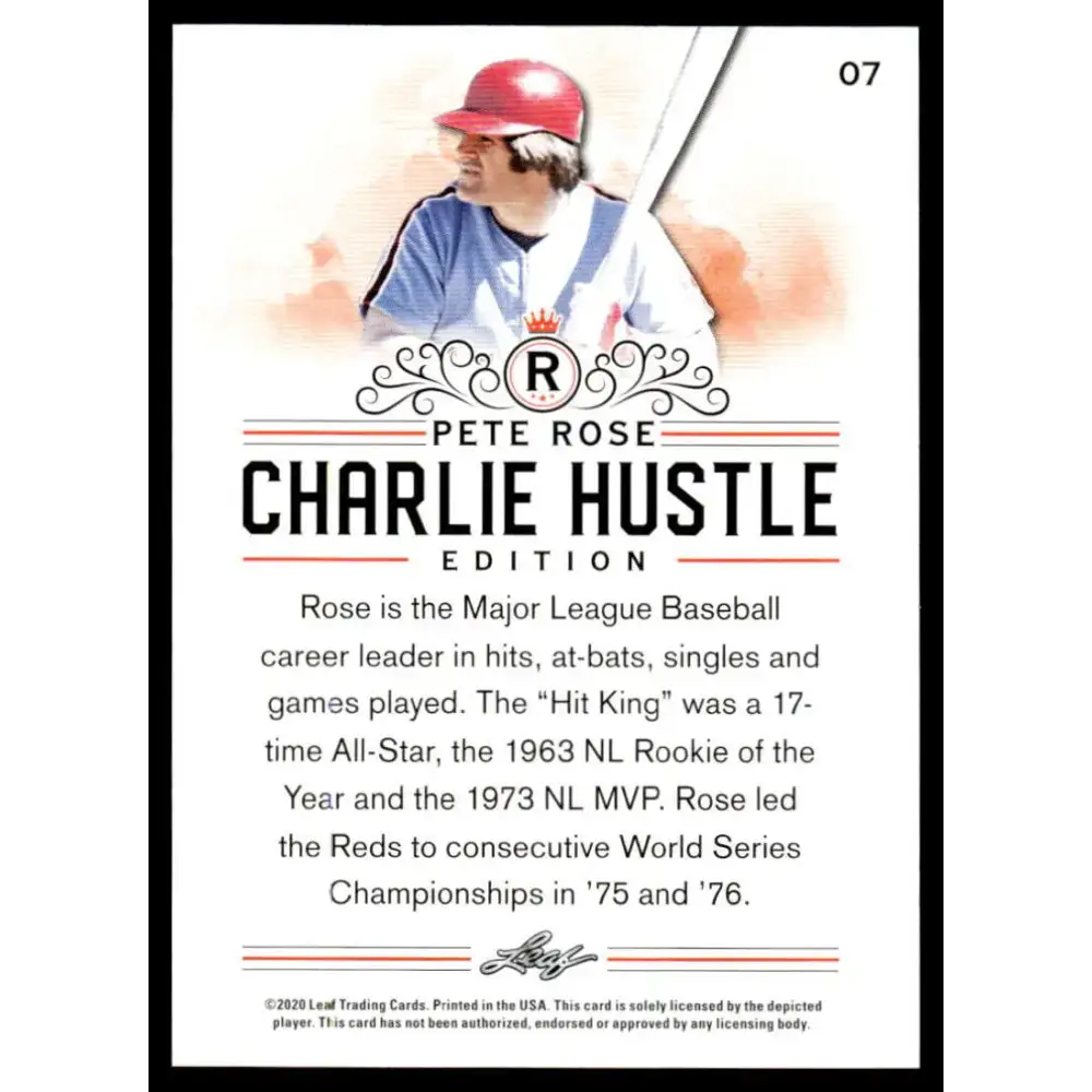 2020 Leaf Pete Rose Charlie Hustle #7 Pete Rose NM-MT Baseball Card - Baseball Card Single