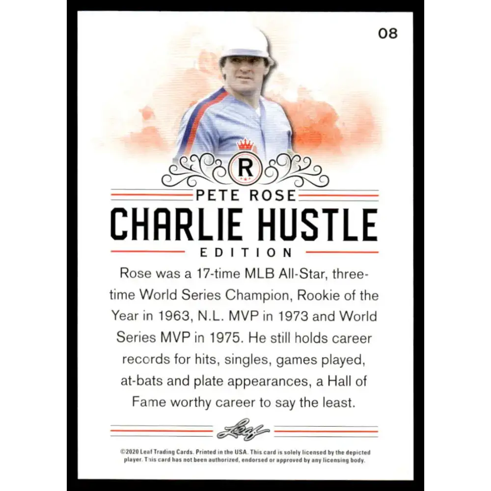 2020 Leaf Pete Rose Charlie Hustle #8 Pete Rose NM-MT Baseball Card - Baseball Card Single