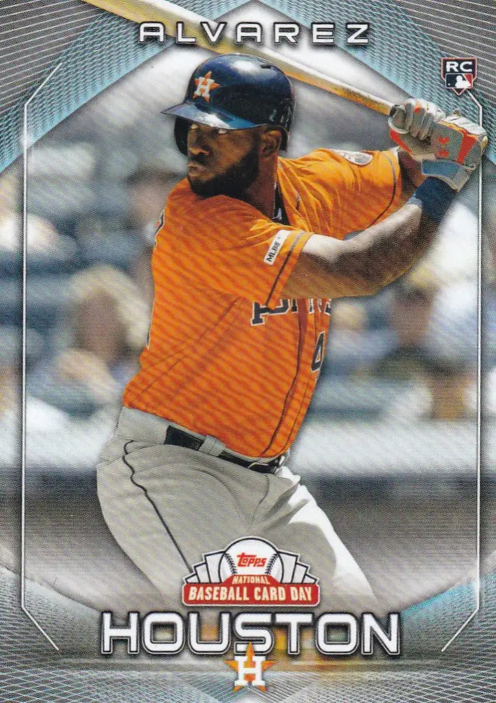 Yordan Alvarez at bat in orange jersey on 2020 National Baseball Card Day card