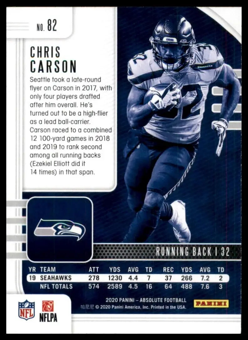 2020 Panini Absolute Chris Carson #82 Seattle Seahawks Football Card NFL Sports - Football Card Single