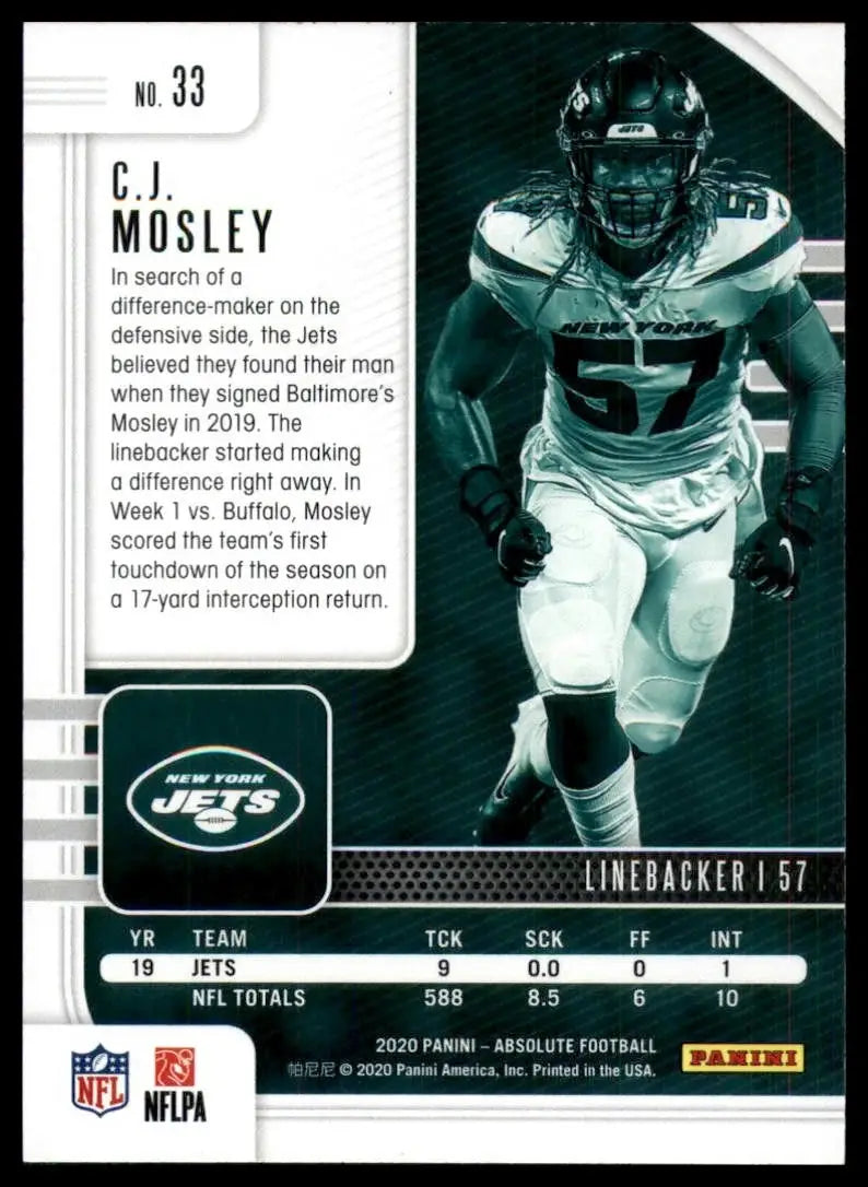 2020 Panini Absolute CJ Mosley #33 New York Jets Football Card NFL Sports - Football Card Single