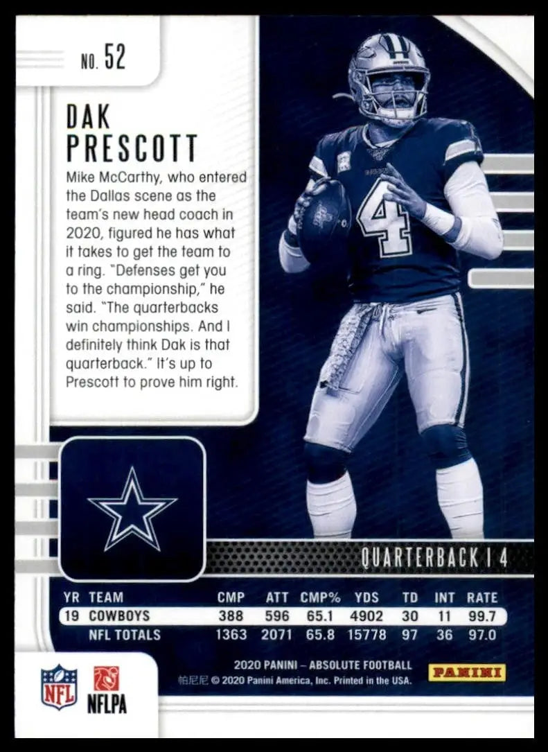 2020 Panini Absolute Dak Prescott #52 Dallas Cowboys Football Card NFL Sports