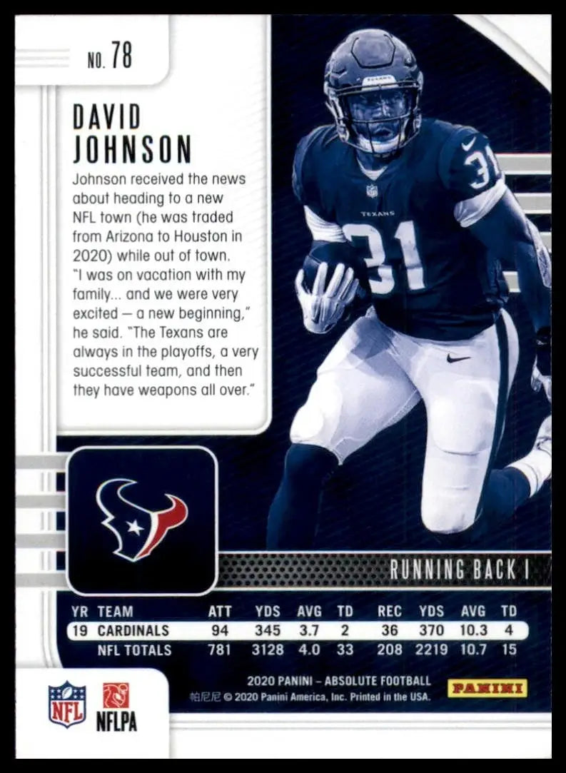 2020 Panini Absolute David Johnson #78 Houston Texans Football Card NFL Sports