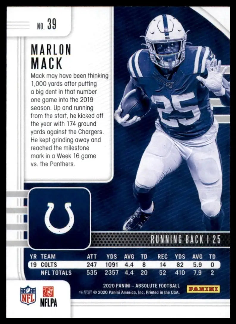 2020 Panini Absolute Green Marlon Mack #39 Indianapolis Colts Football Card NFL - Football Card Single