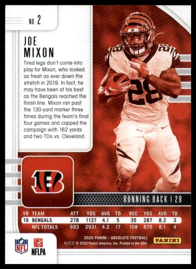 2020 Panini Absolute Joe Mixon #2 Cincinnati Bengals Football Card NFL Sports - Football Card Single