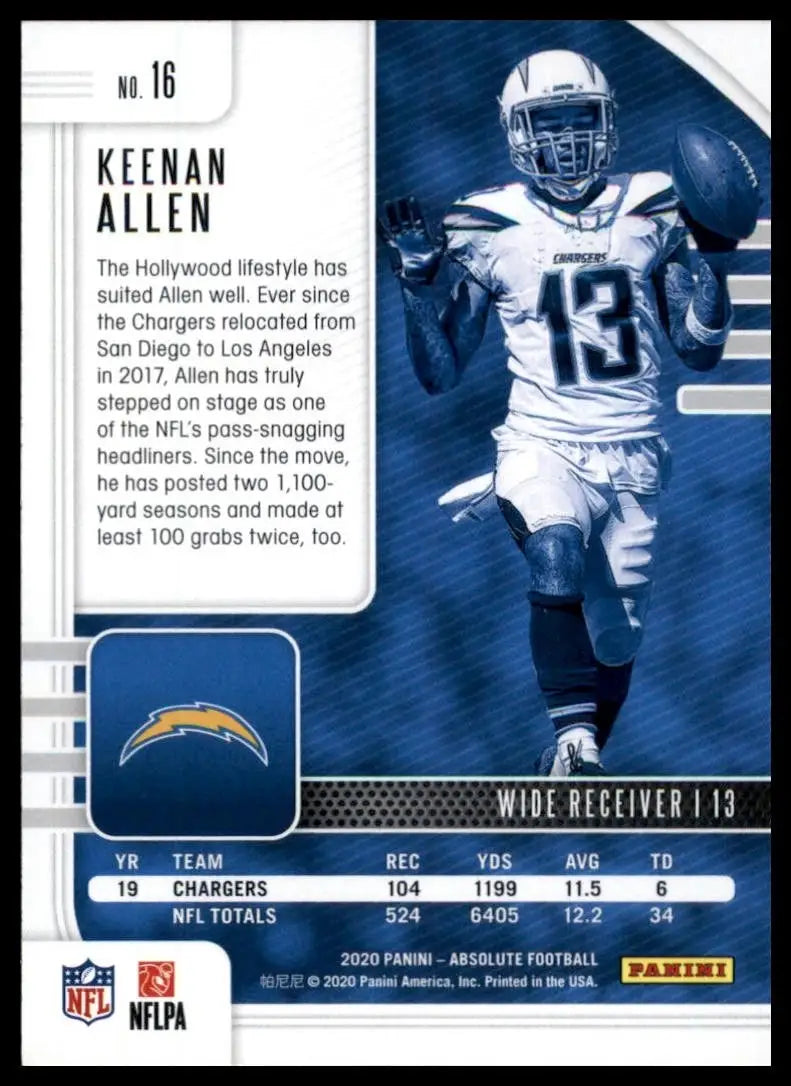 2020 Panini Absolute Keenan Allen #16 Los Angeles Chargers Football Card NFL - Football Card Single