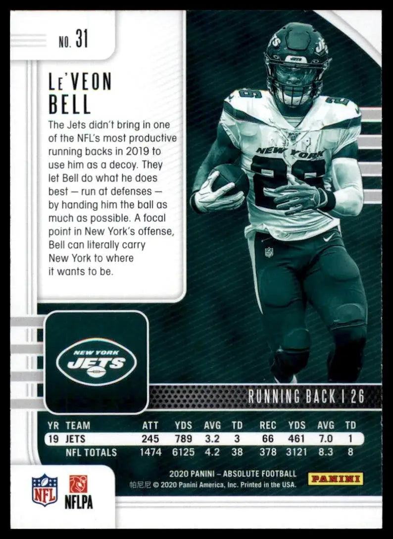 2020 Panini Absolute LeVeon Bell #31 New York Jets Football Card NFL Sports - Football Card Single