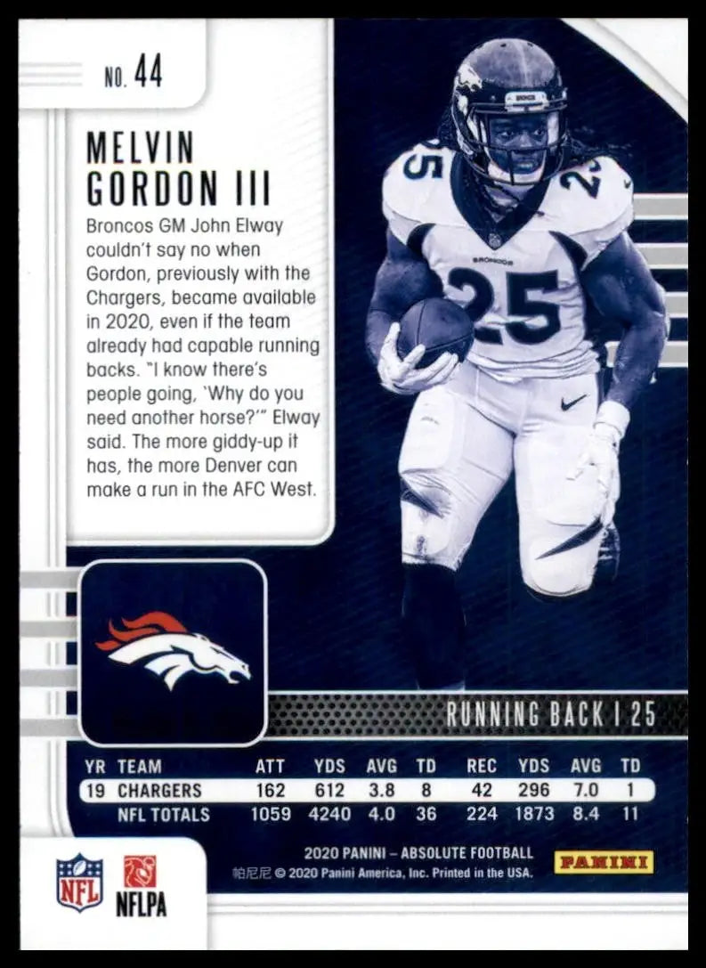 2020 Panini Absolute Melvin Gordon #44 Denver Broncos Football Card NFL Sports - Football Card Single