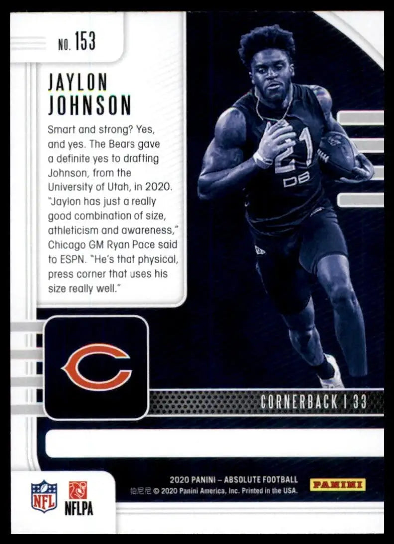 2020 Panini Absolute Rookie Jaylon Johnson #153 Chicago Bears Football Card NFL - Football Card Single