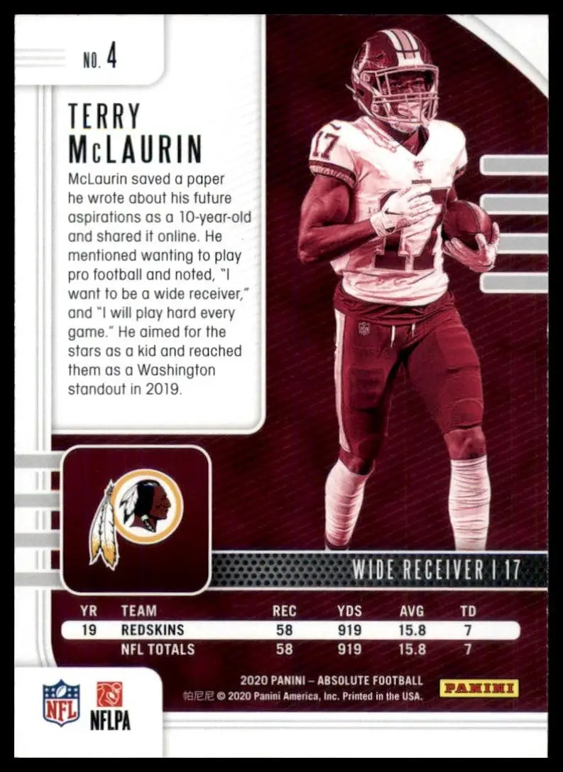 2020 Panini Absolute Terry McLaurin #4 Washington Redskins Football Card NFL - Football Card Single