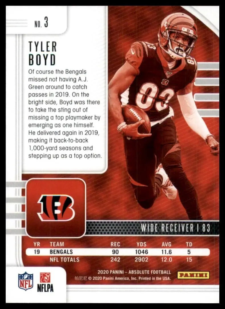 2020 Panini Absolute Tyler Boyd #3 Cincinnati Bengals Football Card NFL Sports - Football Card Single