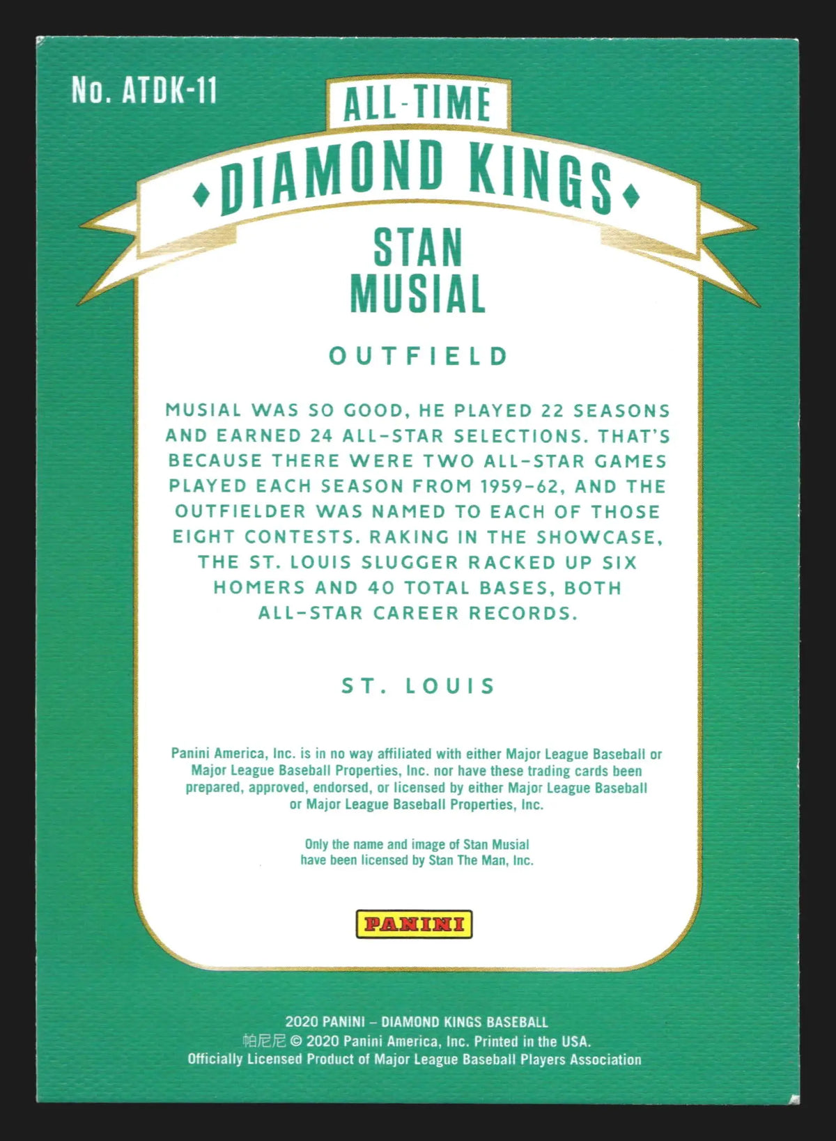 2020 Panini All-Time Diamond Kings Stan Musial #ATDK-11 Cardinals HOF - Baseball Card Single