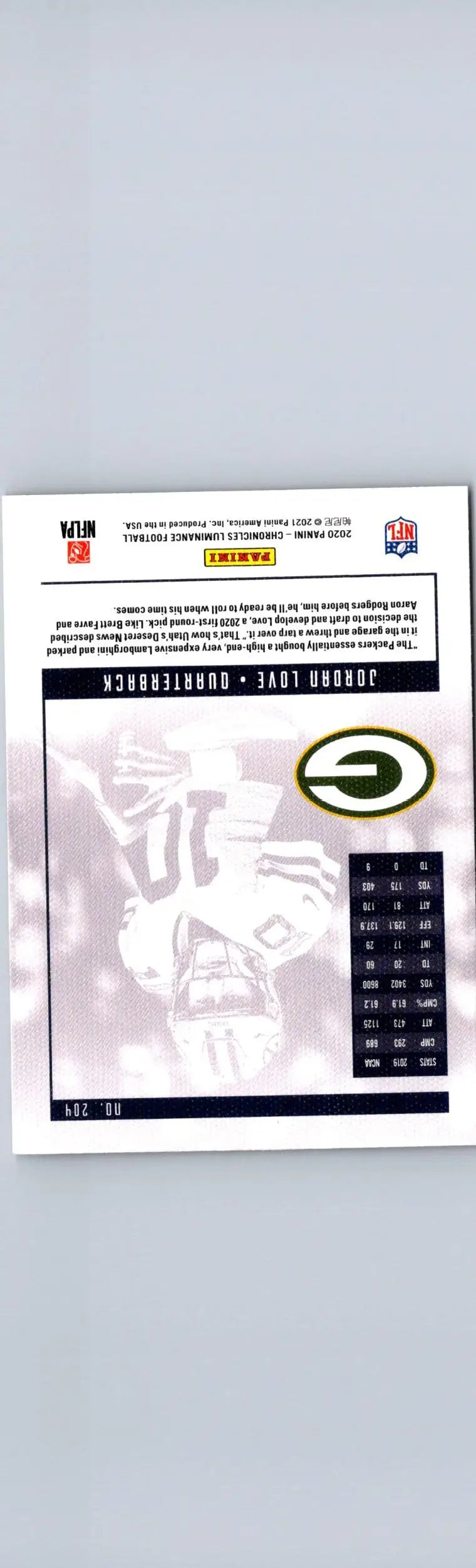 Back of a Jordan Love Green Bay Packers football card from 2020 Panini Chronicles Love Luminance Update