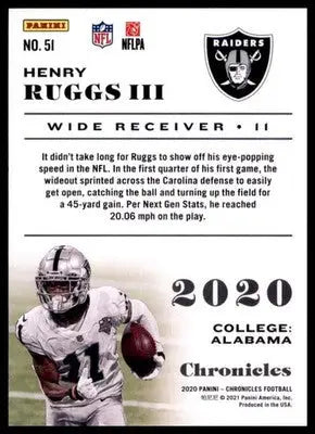 2020 Panini Chronicles Henry Ruggs III RC 51 Las Vegas Raiders - Football Card Single