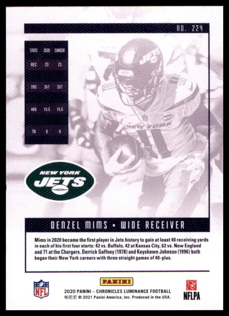 2020 Panini Chronicles - Luminance Update Rookies Denzel Mims #224 (RC) - Football Card Single