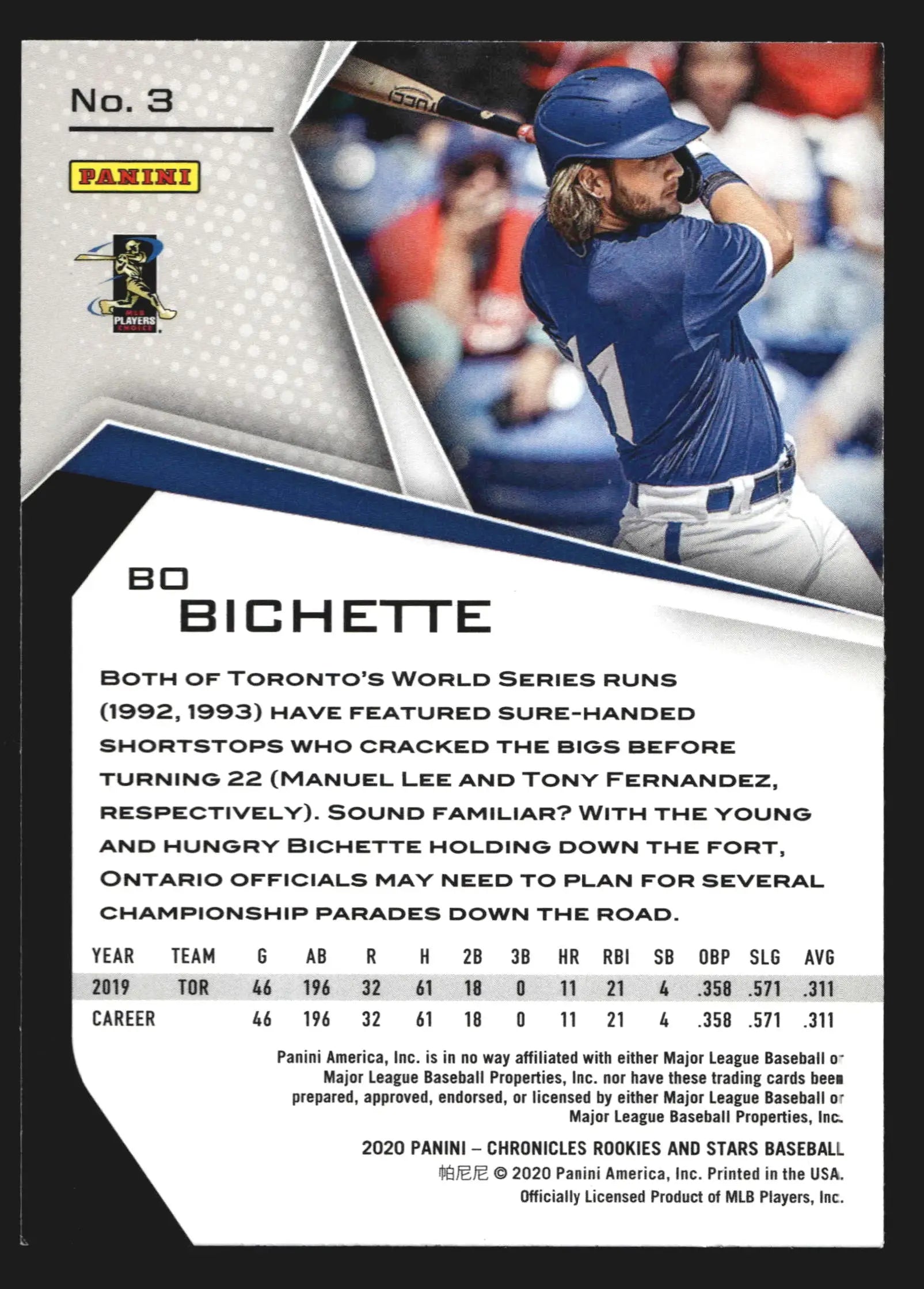 2020 Panini Chronicles Rookies & Stars #3 Bo Bichette RC Blue Jays