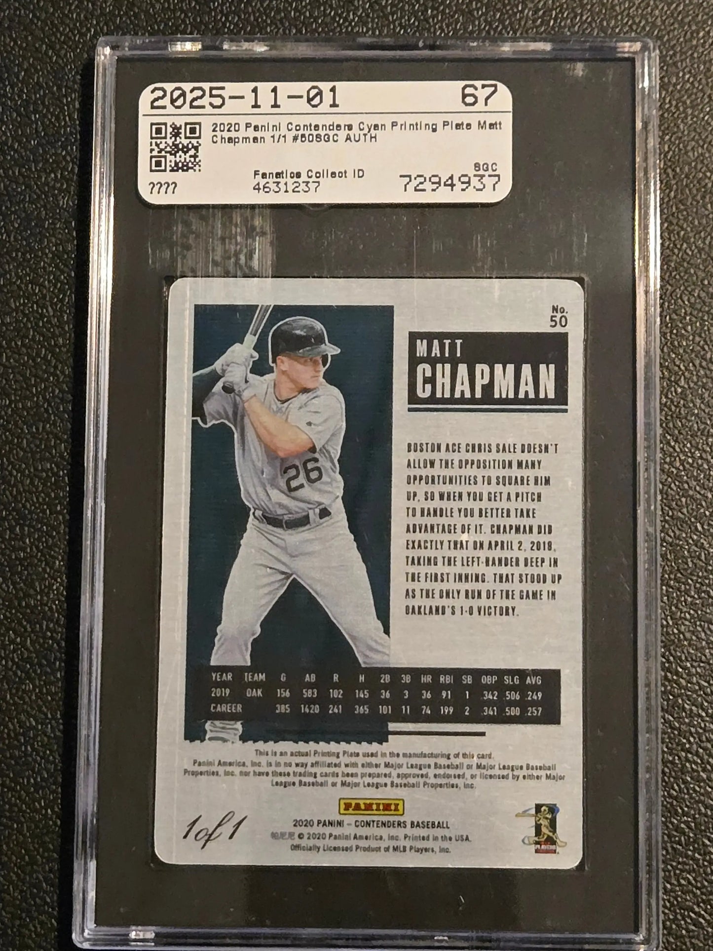 2020 Panini Contenders #50 Matt Chapman Printing Plates Cyan SGC Authentic #/1 - Baseball Card Single
