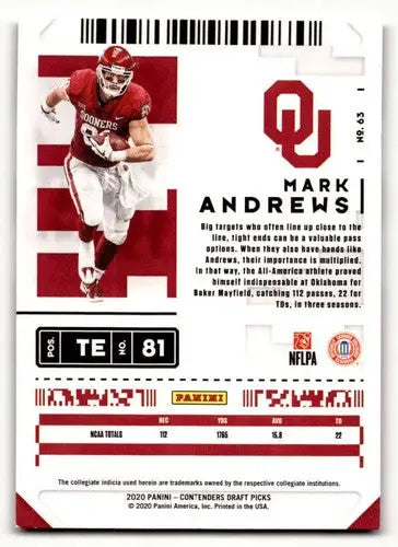 2020 Panini Contenders Draft Picks #63 Mark Andrews Oklahoma Sooners ID:55956 - Football Card Single