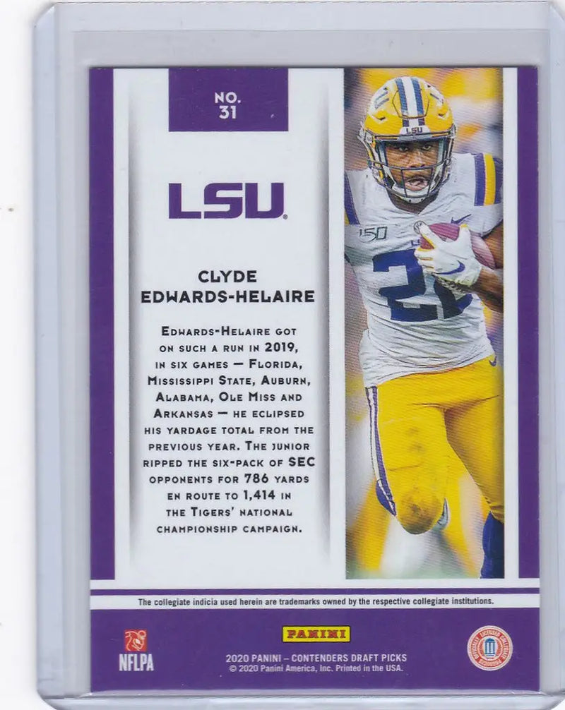 Football trading card of Clyde Edwards-Helaire in LSU uniform for Panini Contenders Draft