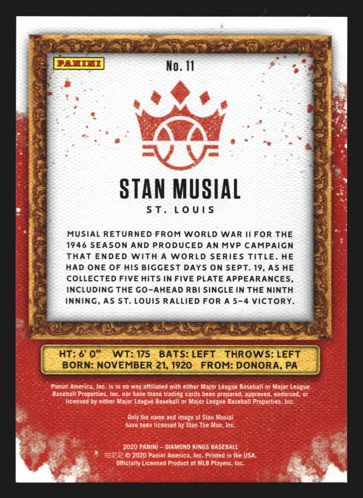 2020 Panini Diamond Kings Stan Musial #11 Red Frame Cardinals HOF - Baseball Card Single