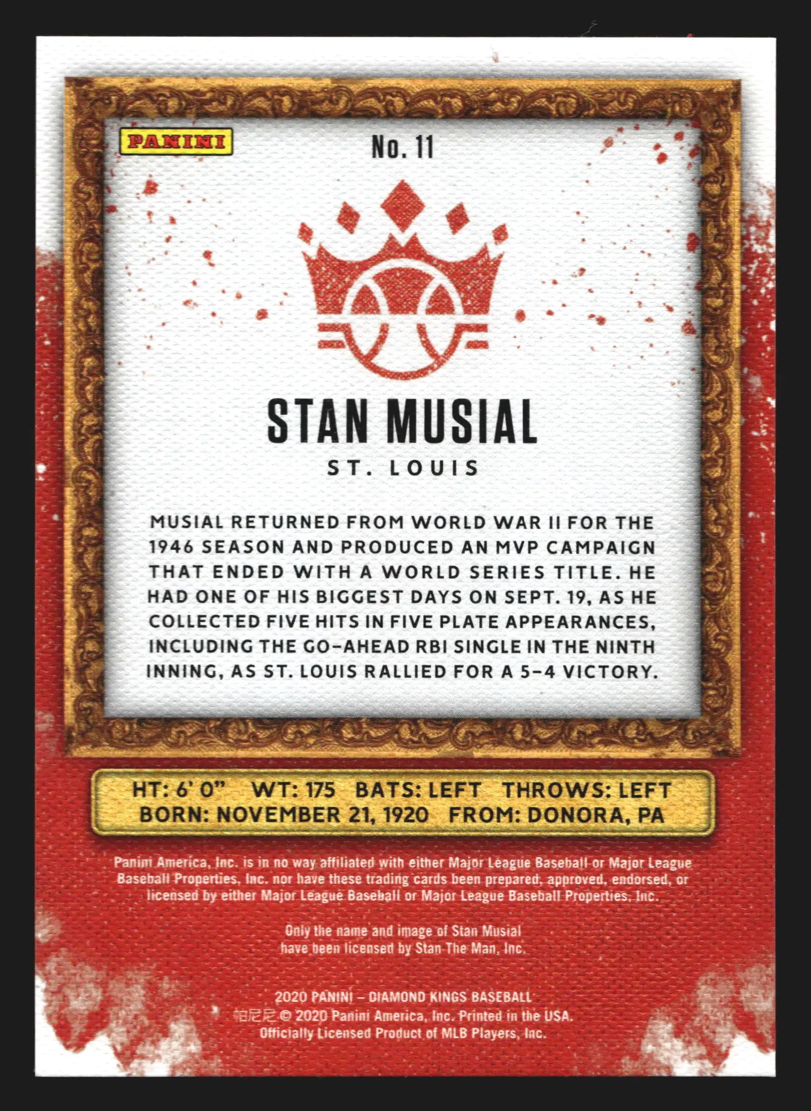 2020 Panini Diamond Kings Stan Musial #11 Red Frame Cardinals HOF - Baseball Card Single