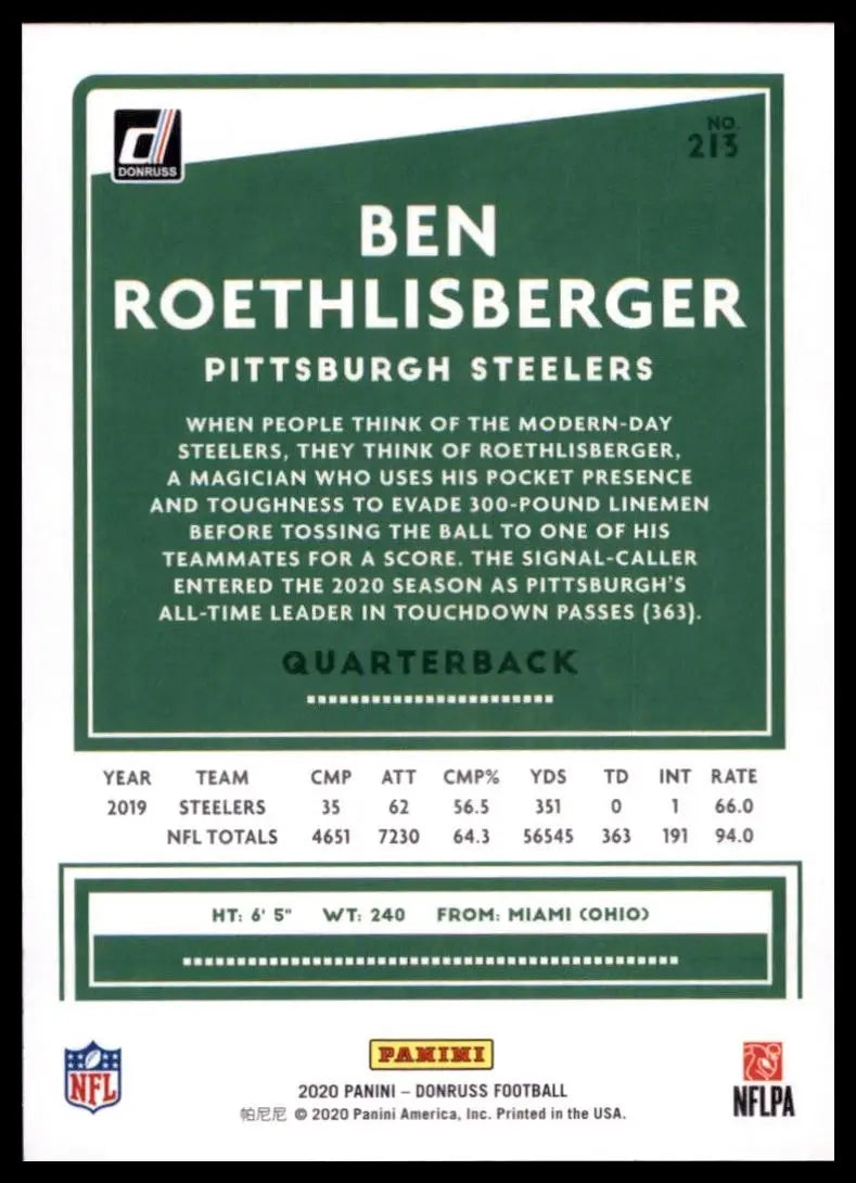 2020 Panini Donruss - Ben Roethlisberger #213 Press Proof Blue