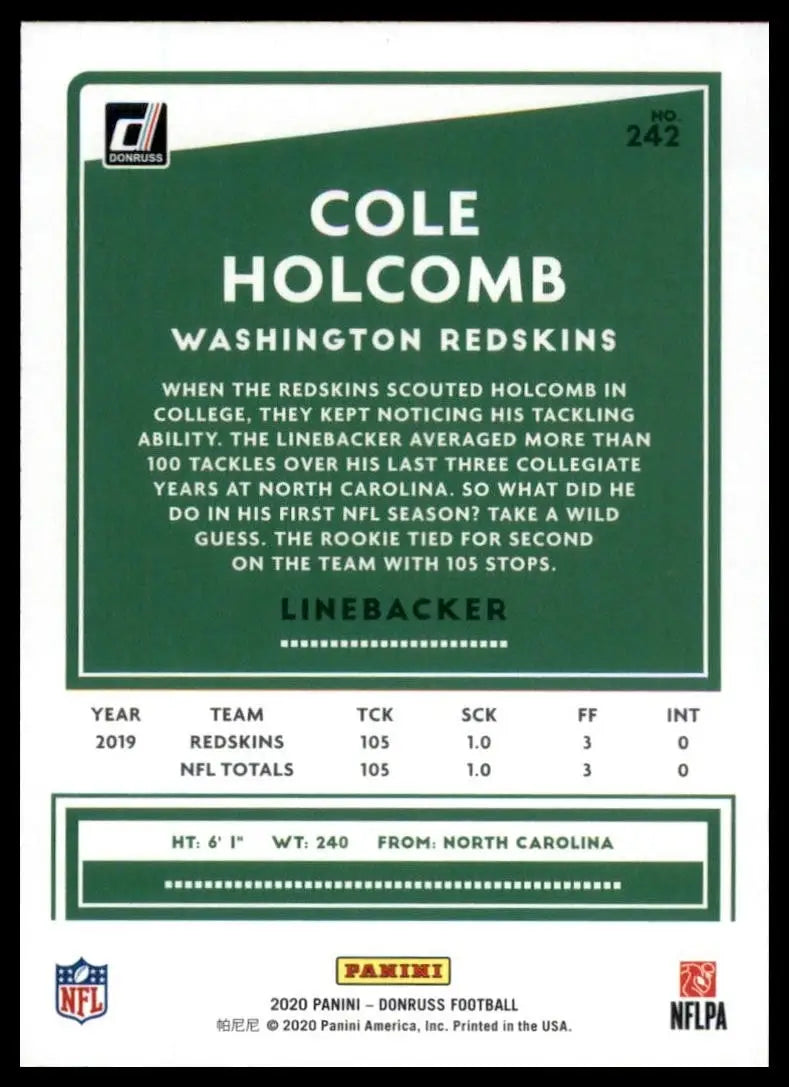2020 Panini Donruss - Cole Holcomb #242 - Football Card Single