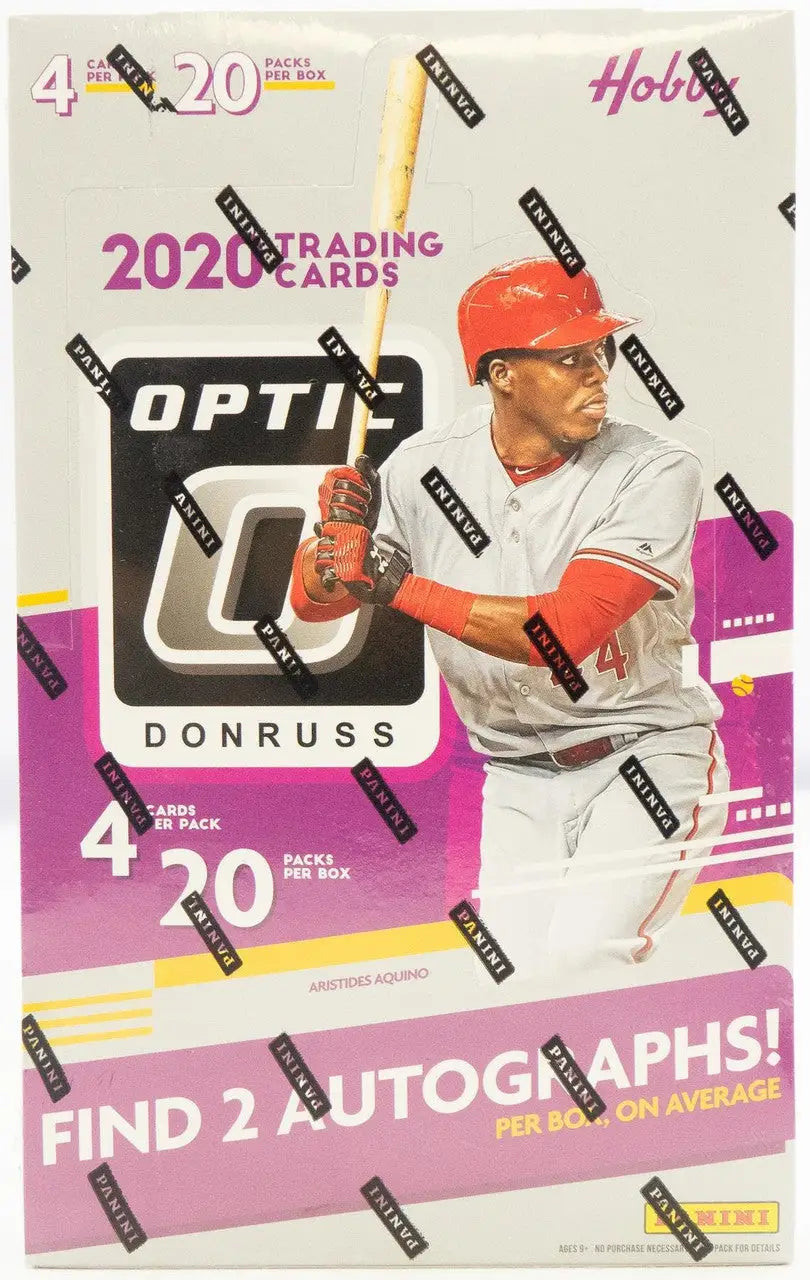 2020 Panini Donruss Optic Baseball Hobby Box with player in red cap and bat ready to swing