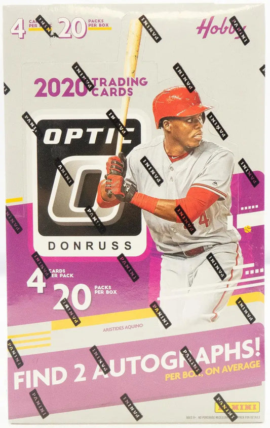 2020 Panini Donruss Optic Baseball Hobby Box with player in red cap and bat ready to swing