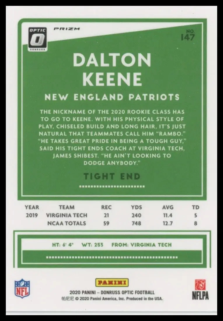 2020 Panini Donruss Optic Bronze Dalton Keene Rookie #147 New England Patriots