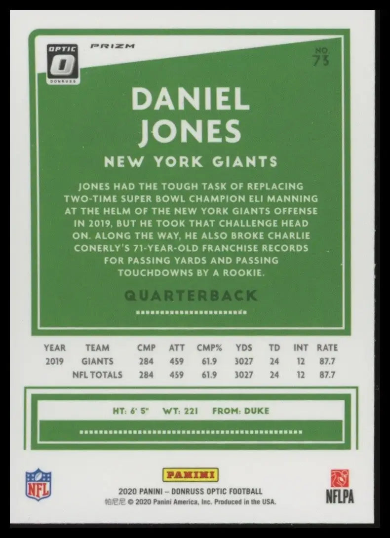 2020 Panini Donruss Optic Holo Daniel Jones #73 New York Giants Football Card NF - Football Card Single