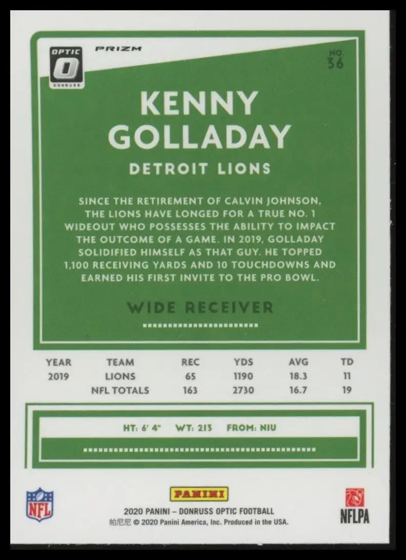 2020 Panini Donruss Optic Holo Kenny Golladay #36 Detroit Lions Football Card