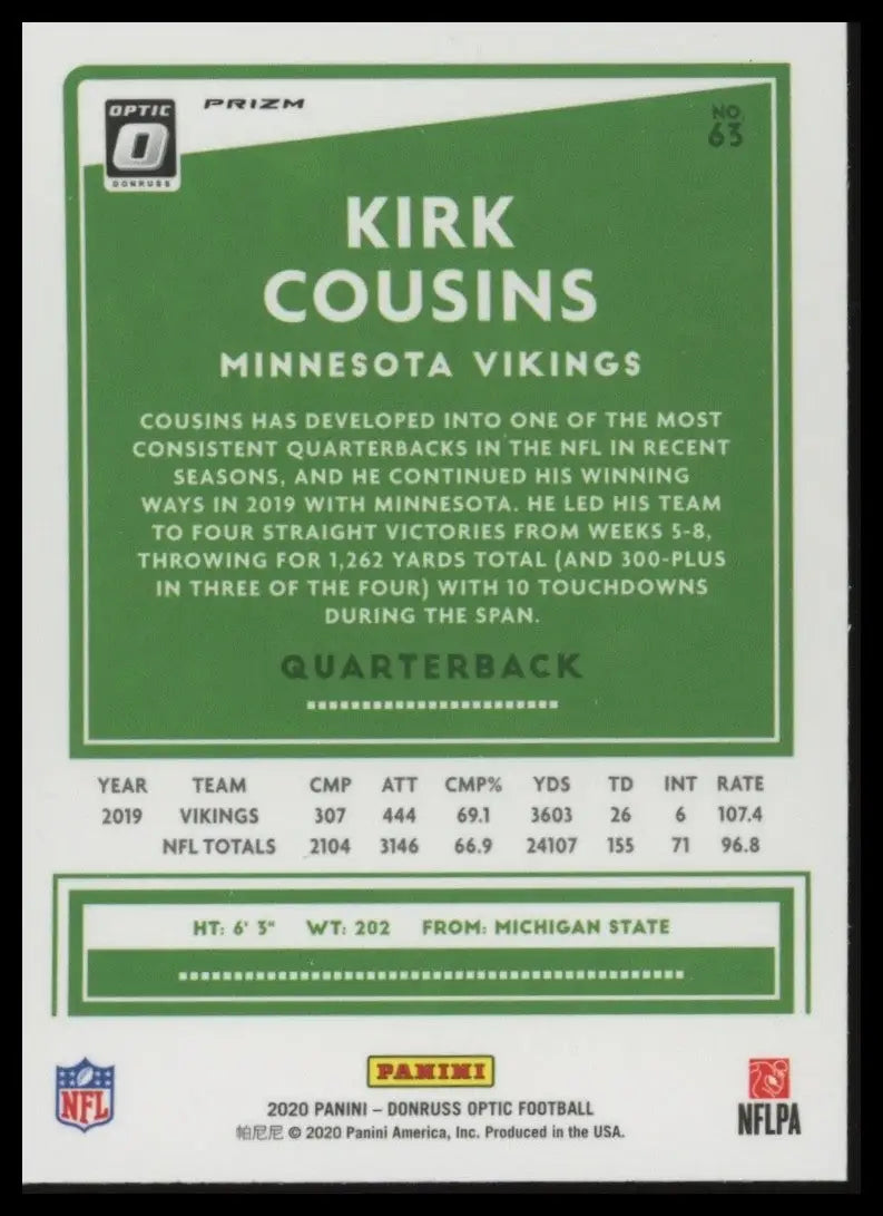 2020 Panini Donruss Optic Holo Kirk Cousins #65 Minnesota Vikings Football Card - Football Card Single