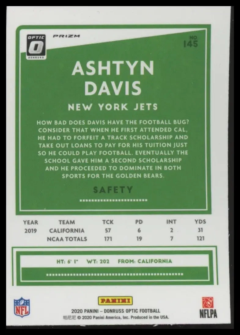 2020 Panini Donruss Optic Purple Shock Rookie Ashtyn Davis #145 New York Jets - Football Card Single