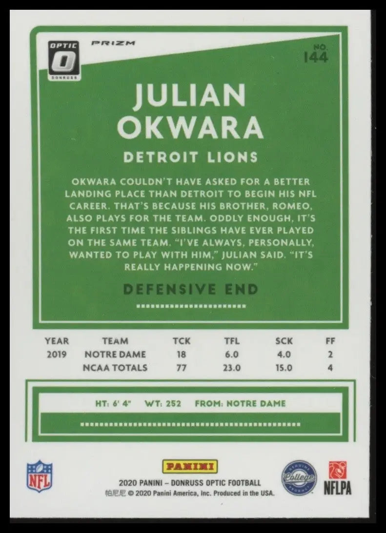 2020 Panini Donruss Optic Purple Shock Rookie Julian Okwara #144 Detroit Lions - Football Card Single