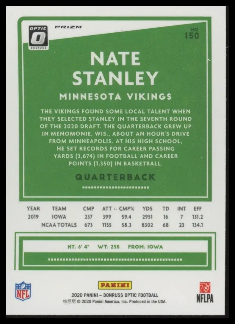2020 Panini Donruss Optic Purple Shock Rookie Nate Stanley #150 Minnesota Viking - Football Card Single