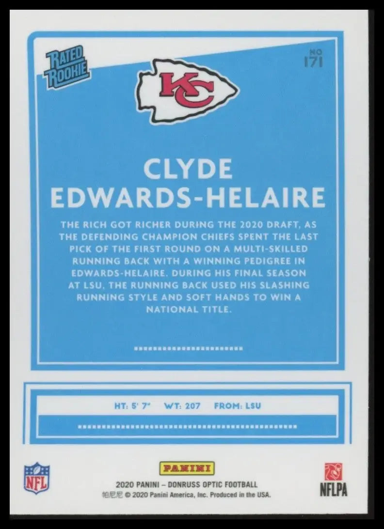 2020 Panini Donruss Optic Rookie #171 Clyde Edwards Helaire Kansas City Chiefs - Football Card Single