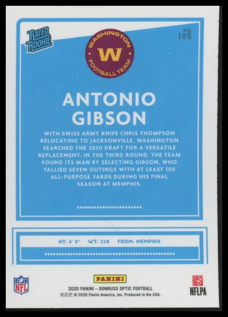 2020 Panini Donruss Optic Rookie Antonio Gibson #185 Washington Football Team - Football Card Single