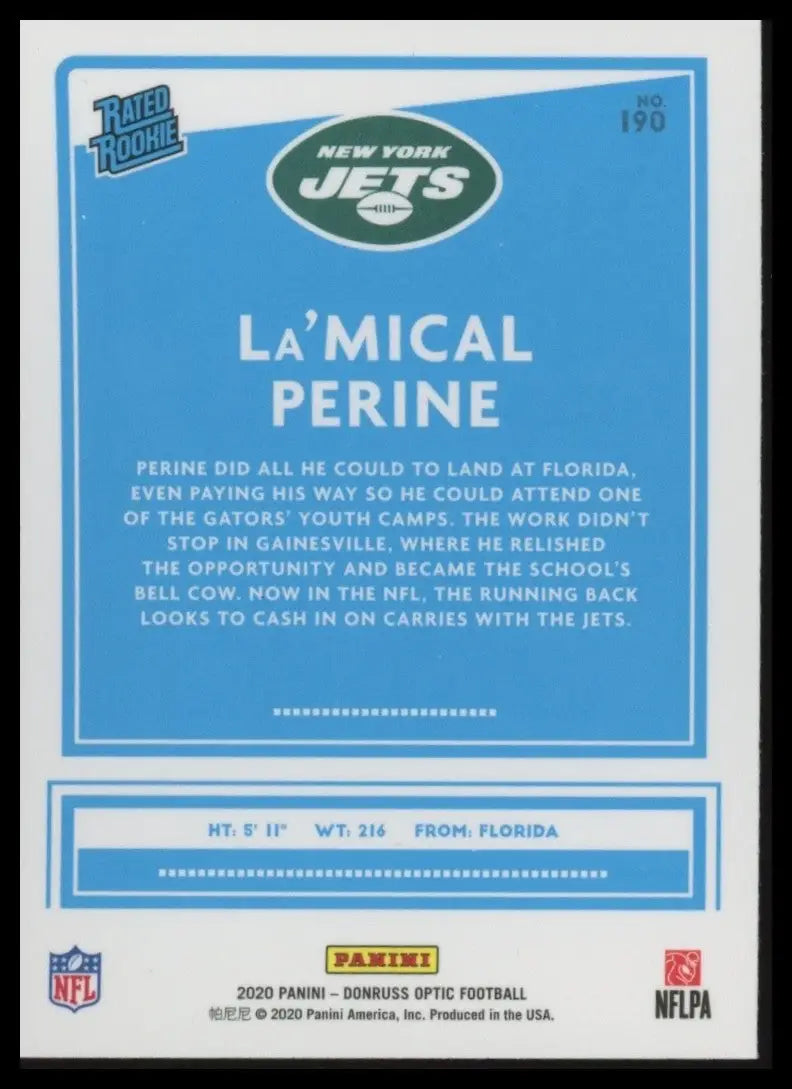 2020 Panini Donruss Optic Rookie LaMical Perine #190 New York Jets Football - Football Card Single